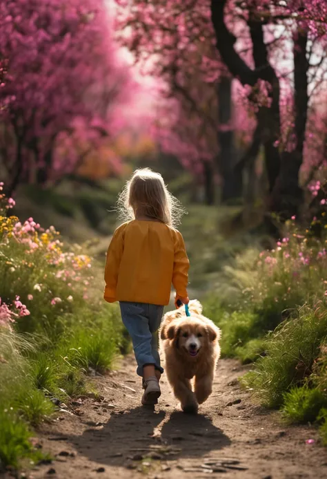 A 3-year-old girl walking down the farm path is followed by a dog