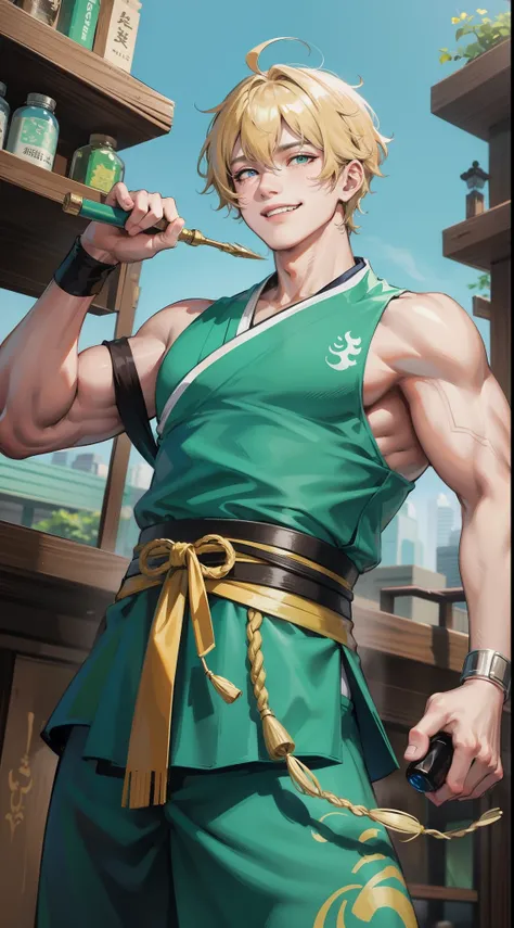 Adult Fat Man, short blonde hair, Cyan eyes, Green Hanfu sleeveless, Drunken Master, Smile, Masterpiece, hiquality