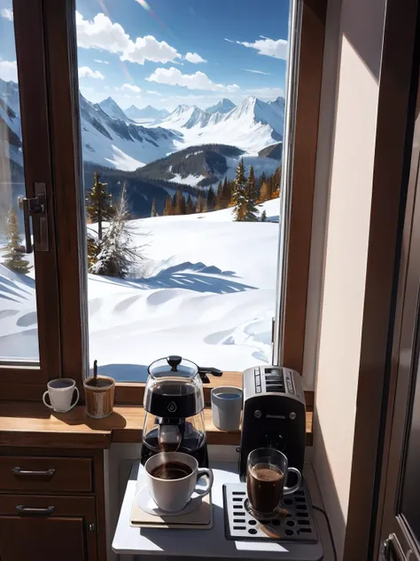 coffee machine in kitchen, mountains outside window