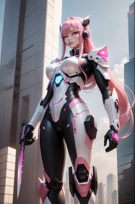 The Chinese humanoid mech stands next to the tall building，Pink Long Hair，01，High-quality textures，style of anime，Ultra-clear，8K分辨率，One-handed knife，Tachi，in Pink and white