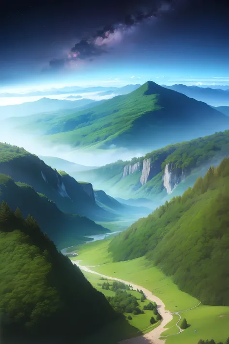 forest, high mountains, streams, high peaks, starry night sky, Ghibli style, best quality, details