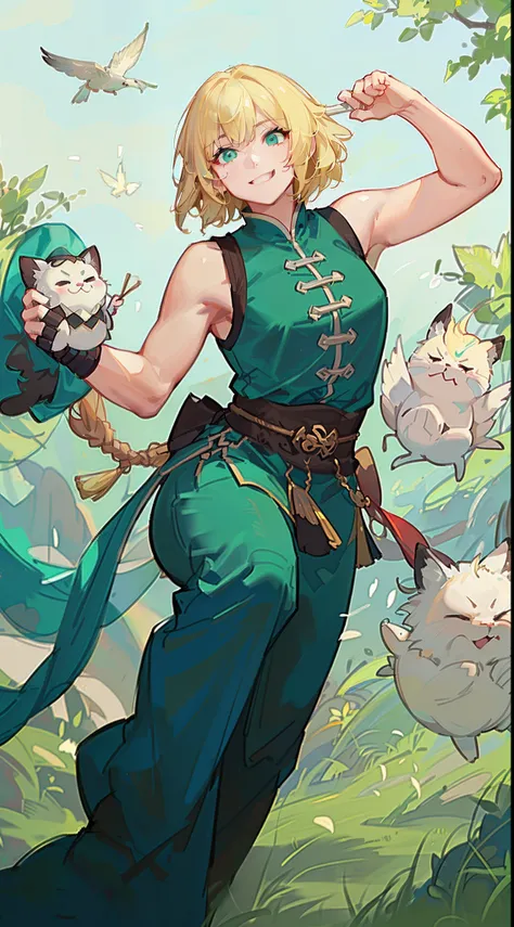 Adult Fat Man, short blonde hair, Cyan eyes, Green Hanfu sleeveless, Drunken Master, Smile, Masterpiece, hiquality