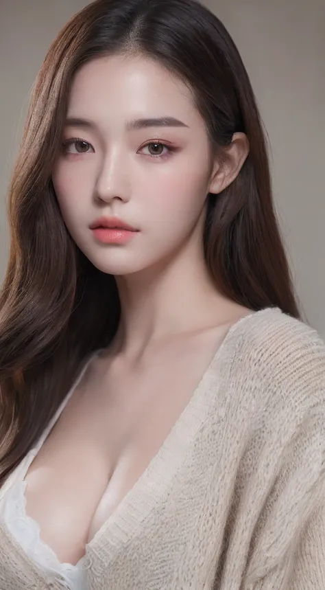 ((Best quality, 8k, Masterpiece :1.3)), 1girl, Pretty woman with slender abs :1.3, (Long hair, Huge breasts :1.2), Cardigan :1.1, Ultra-detailed face, Detailed eyes, Double eyelid , Red eye