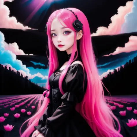 "Girl with gothic style, wearing a black dress, has long pink hair, and enchanting grey eyes."