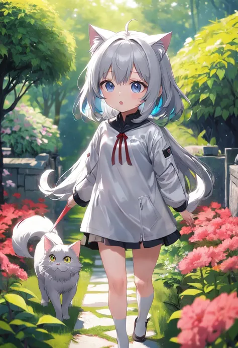 Silver-haired cat-eared girl standing in the garden，eBlue eyes，adolable，Soft cute，Dumb cute。