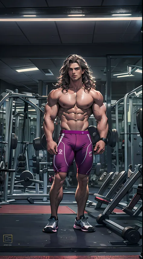 Muscular athlete, bare chest, lower body uncovered from thighs to feet, long flowing curls, meticulous muscle definition, lifelike portrayal, 4K quality. Background: Modern gym with exercise equipment and mirrors,32k uhd, best quality, masterpiece, super d...