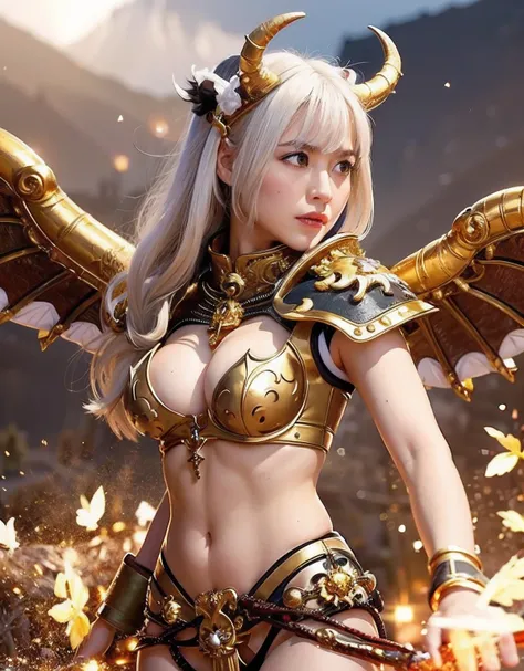 Professional , ​masterpiece、top-quality、photos realistic , depth of fields 、Idle Smile、（White Gemstone Body:1.９),(Matte white with gold pattern、（cleavage of the breast）、Jewel Gold Weapon、Particles of light、Gemstone Body White:1.４),Gorgeous gold weapons ,（（...