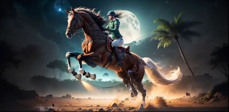 Horse jumping with dust  in full theme jungle , real , cinematic , dramatic light, night with full moon ,  urban