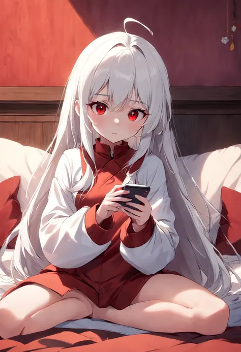 Girl with white hair and red pupils，Wearing cartoon long sleeves and long pants, sitting on bed playing with mobile phone