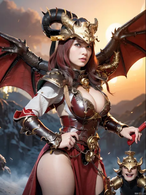 Professional , ​masterpiece、top-quality、photos realistic , depth of fields 、（Dragon Red Metal Body:1.９),(Matte Red、（cleavage of the breast）、Dragon Gold Weapon、（Red Micro Bikini Armor:1.４),Gorgeous gold weapons ,（（ Dragons dense and gorgeous sword）） , （demo...