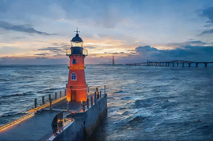 Alafard Lighthouse on the pier at sunset，In the background is a bridge, lighthouse, lighthouse, Barra Lighthouse, author：Jürgen von Henderberg, author：Sigmund Freudenberg, vibrant scene, lit in a dawn light, author：Alexander Bogan, author：Emmanuel Boucher,...