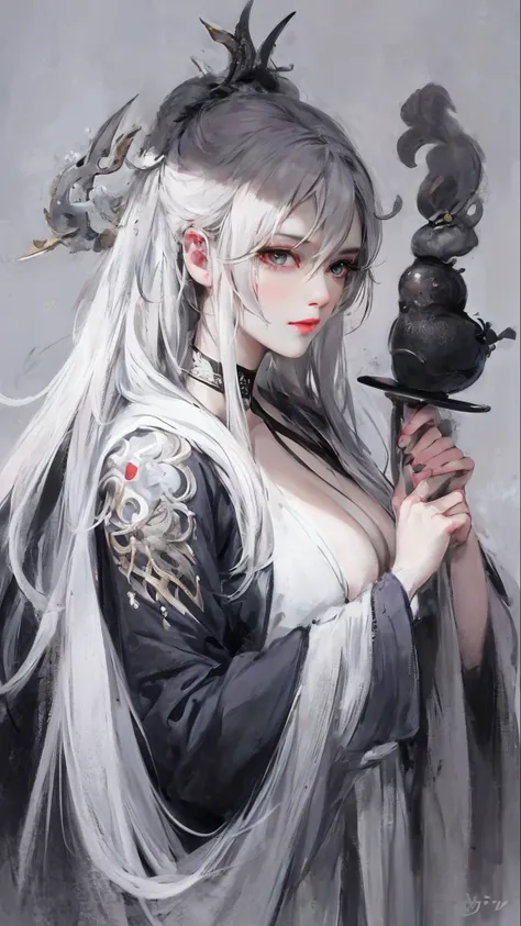 close-up of a woman with white hair and white mask，Belle peinture de personnage，Guviz，Guviz-style artwork，white-haired god，Yang J，Epic and beautiful character art，Stunning character art，FAN Qi，Wu Zhun Shifan，Guvitz at the Pixiv Art Station，cleavage