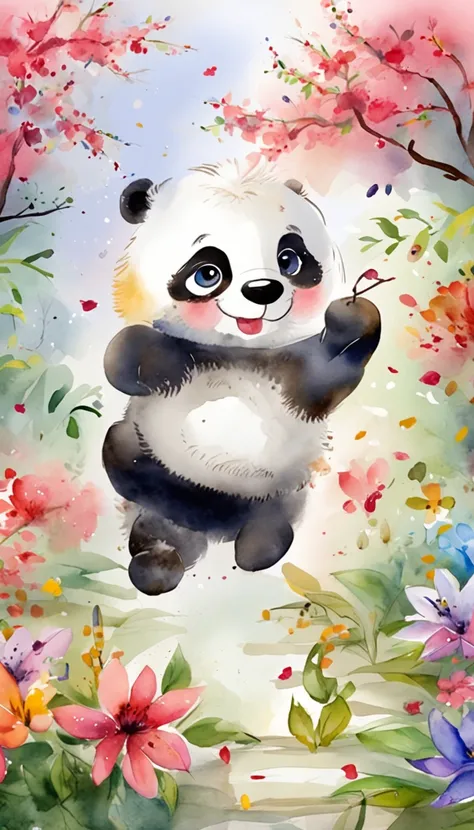 Festive atmosphere scene，Fireworks bloom，Celebrations，The panda stands proudly。