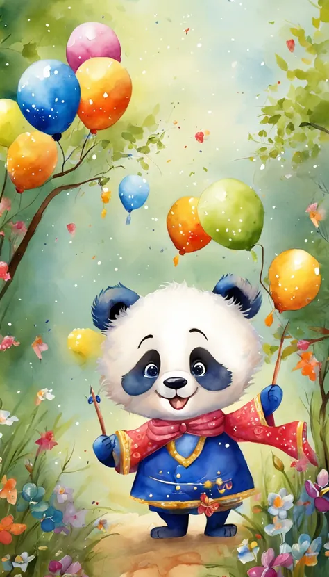 Festive atmosphere scene，Fireworks bloom，Celebrations，The panda stands proudly。