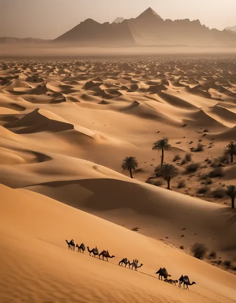 masterpiece，True HD photos，high detal，Highest definition，8K，Leica lens，Huge pyramid and Arabian camel train at the front, Set against the backdrop of an Arabian desert with many other small pyramids and palm trees fading off into the far distance。 On the r...