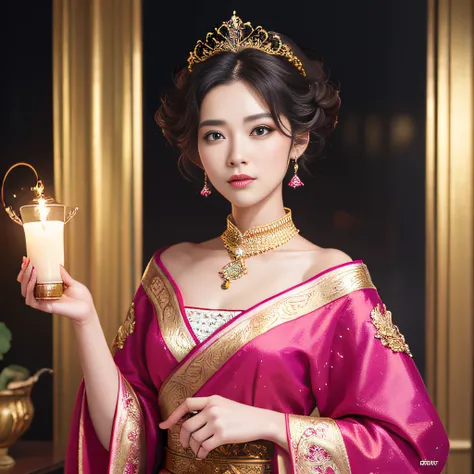 32K（tmasterpiece，k hd，hyper HD，32K）short detailed hair，Gold jewelry area in the back room，Flame Girl ，Yao Lang protector （realisticlying：1.4），Python pattern robe，Purple-pink tiara，Snowflakes fluttering，The background is pure，Hold your head high，Be proud，Th...