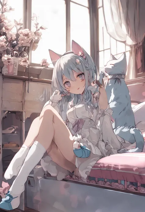 cat ear、white stockings、No shoes on、inside in room、sitting on his knees on the bed，Powder-blue heteropupil，Light pink Lolita，Feet to the camera，Stretch your legs，Huge