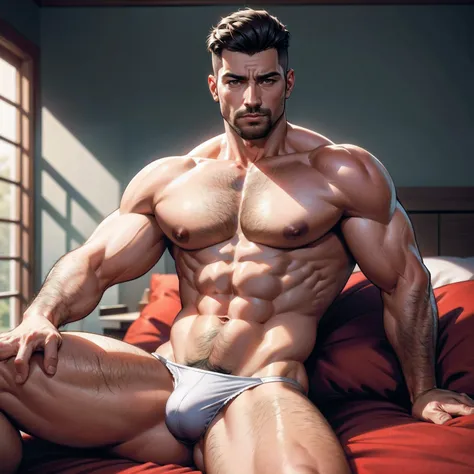 Homem musculoso sentado na cama com as pernas afastadas, Sem roupas, large pênis  hanging between legs, Exuberante Grosso , cabelo militar curto, Piece, Realistic, disco Rigido , alta qualidade, NSFW, cabelo curto, cabelo militar,