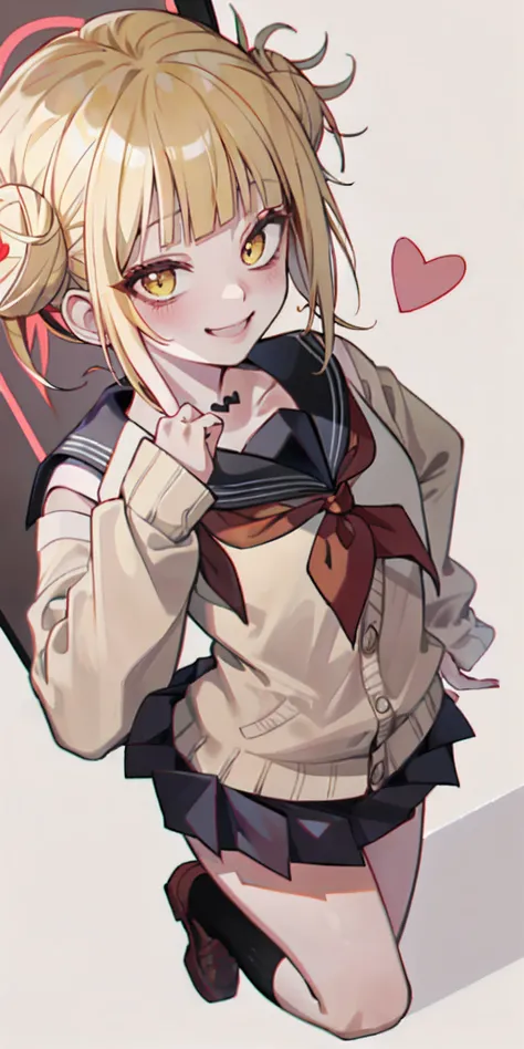 (masterpiece, best quality;1.3), ultra detailed, 1girl, solo, smile, gold hair,
miniskirt, yellow cardigan, long sleeves, sailor collar, red neckerchief, black kneehighs,micro mini skirt,  from above,
Himiko Toga, TOga, Himiko,    (heart_eyes_full), heart_...