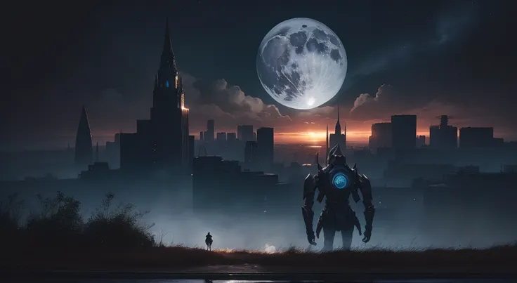 a spacious plain in the moonlight, a magical fantastic (((city is visible on the horizon))), hordes of demons are flying over the city, giant humanoid robots are standing in the foreground and looking at the city, best quality, masterpiece, intricate detai...