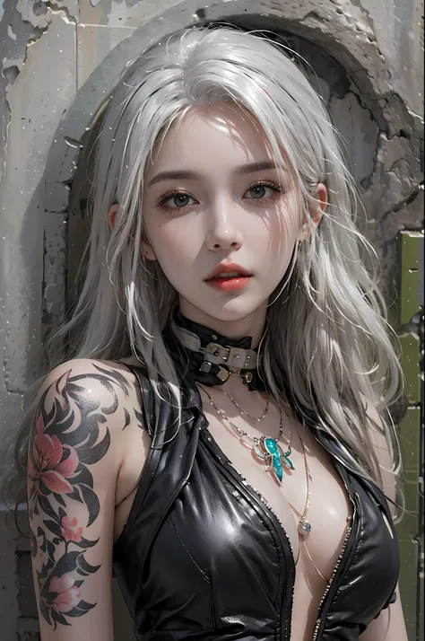 photorealistic, high resolution, 1women, solo, hips up, look at viewer, (detailed face), white hair, long hair, leather suit, jewelry, tattoo