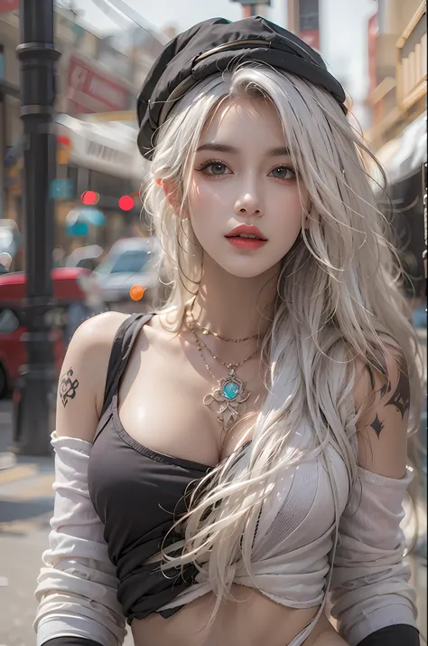 photorealistic, high resolution, 1women, solo, hips up, look at viewer, (detailed face), white hair, long hair, street wear, jew...