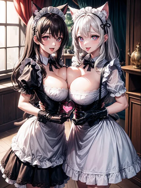 realisitic、top-quality、2females、cat ear、maid headdress ,tongue out ,(((heart shaped pupils))), orgasm , dirndl , lace gloves、Big breasts, looking at Viewer