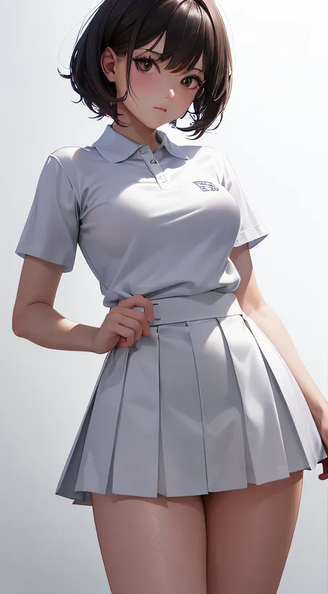 1girll, 独奏, White polo shirt, White sneakers, tennis wear, white  skirt, tmasterpiece, Best quality at best, realisticlying, ultra - detailed, (shiny skins, perspired:1.4), absurderes, looking at viewert, with short black hair, with brown eye,slenderness,D...