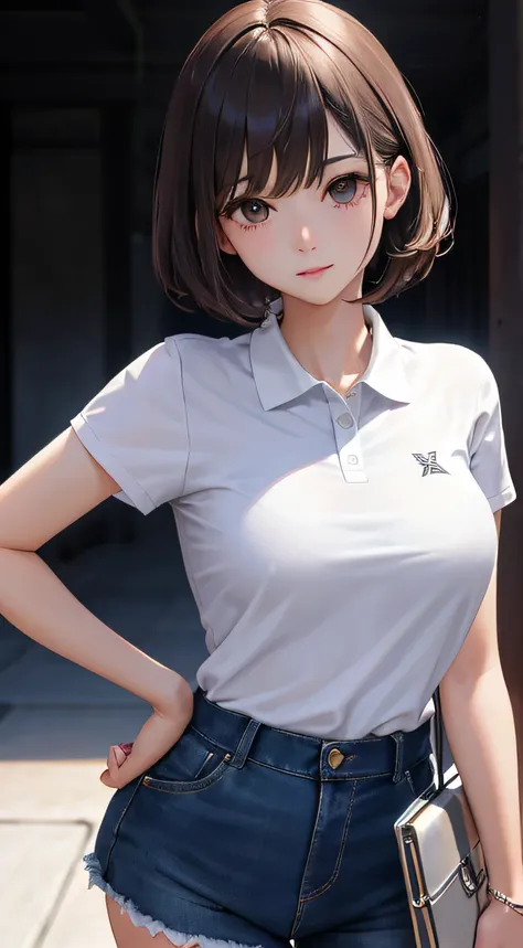 1girll, 独奏, White polo shirt, White sneakers, tennis wear, denim short， tmasterpiece, Best quality at best, realisticlying, ultra - detailed, (shiny skins, perspired:1.4), absurderes, looking at viewert, with short black hair, with brown eye,slenderness,Dy...