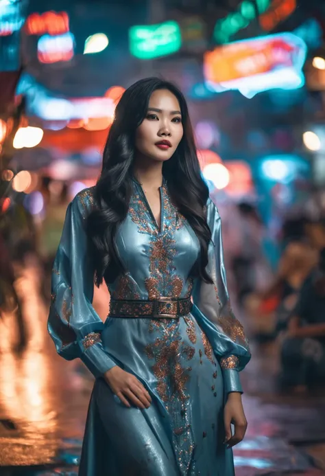 Vietnamese gorgeous woman with black long hair, detailed alluring eyes, high nose, beatiful face, Happy, Gap between thighs long sexy legs in ao dai vietnam in beautiful futuristic cyberpunk+ City,, Hanoi Market, mist, Hot, Sunny, masterpiece best quality,...