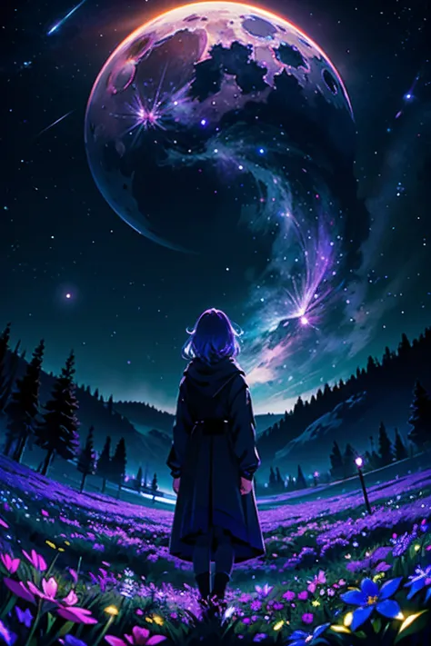 expansive landscape photography, (a bottom view showing the sky above and the open countryside below), a girl standing in a field of flowers looking up, (full moon: 1.2), neon purple colored moon, (shooting stars: 0.9), (nebula: 1.3), distant mountain, BRE...