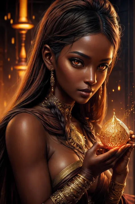 Fantasy Unraveled in Spice Delight - close-up portrait cyberpunk glowing woman, unraveling fantasy and ethereal beauty in hiperrealistic detail. Infuse the image with magic, inviting viewers to explore a dreamlike world of Burnt Sienna, Rich Cocoa, Technic...