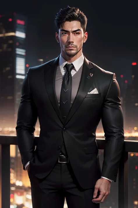 (absurdres, highres, ultra detailed, realistic, ), 1 male, solo, adult, mature, Japanese, tall muscular guy, broad shoulders, handsome, very short hair, black hair, brown eyes, angular jaw, thick neck, thick eyebrows, night, dark, the night view of the cit...