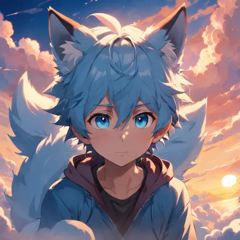 tmasterpiece，best qualtiy，cinematic Film still from，1boys，Fluffy light blue wolf ears，Cloud Boy，Floating in the sky，closeup cleavage，brightly，cheerfulness，Warm and soft lighting，the sunset，（spark of light：0.7），Wallpaper phone