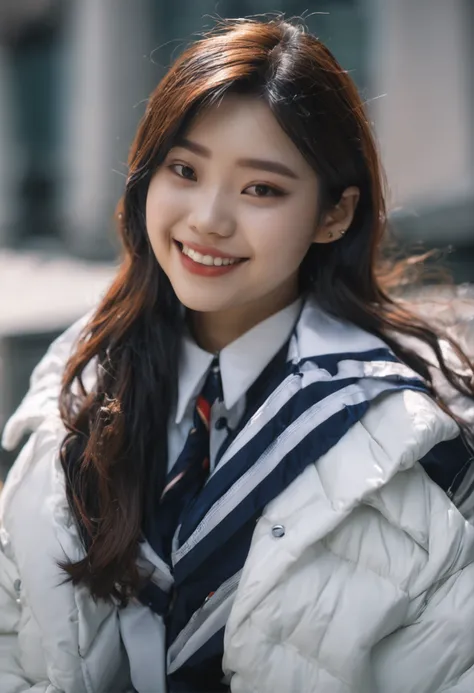 beautiful 18 year old chinese woman, wearing (( oversized navy blue silk puffer coat )),   smiling,  masterpiece,  best quality, ulzzang, best face, massive file size, perfect body, perfect face, ((pleated light grey short schoolgirl skirt)), tight button ...