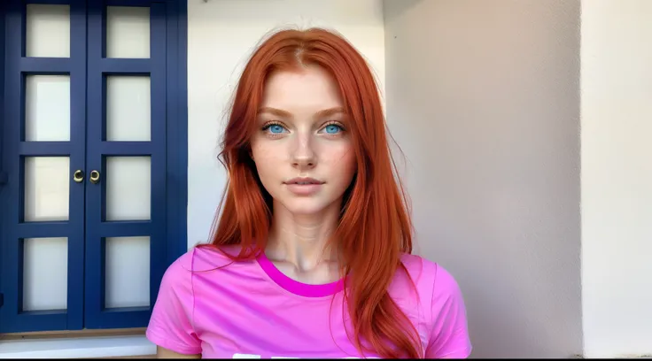 A beautiful woman with fair skin, redhead, Blue eyes, upperbody closeup, Pink T-shirt, (19 years old), Barranquilla City