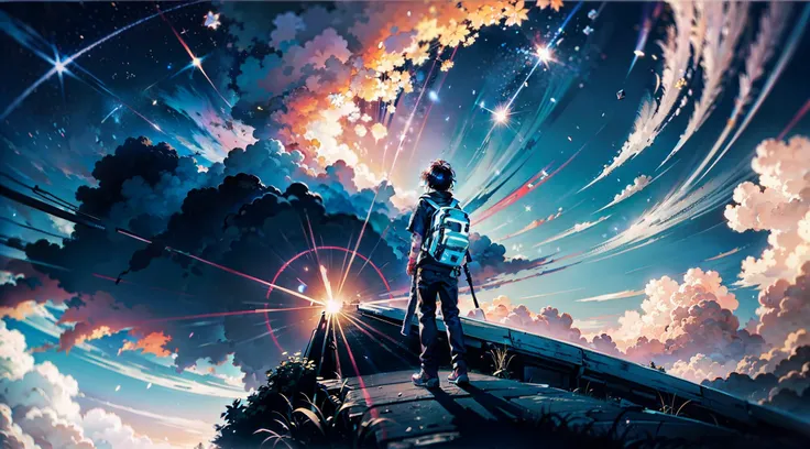 ANIME-STYLE IMAGE OF A BOY ON HIS BACK WITH A BACKPACK AND HOOF, LOOKING AT THE GREAT SKY, A SEER OF THE UNIVERSE WITH GALAXIES, PLANETS AND NEBULAE, A LITTLE BOY AND A BIG SKY MINUS A MOUNTAIN