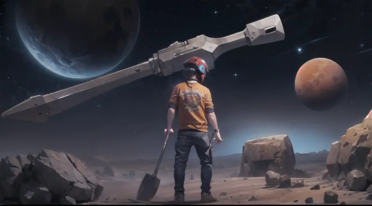 Sleepy designer riding a hammer on huge asteroid at mars sky in the middle of the night