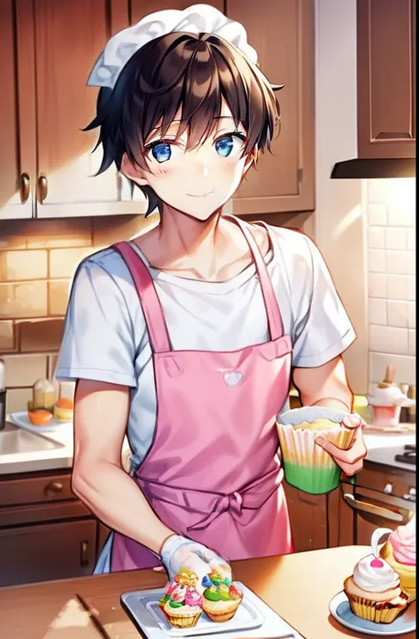 of a guy，baking，In the kitchen，Wear an apron，ssmile，rays of sunshine，Cupcakes，cream