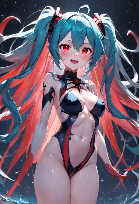 The upper body is Hatsune Miku，The lower body is a large spider，blue  hair，Eight red eyes,,{{Best quality}}, {{Masterpiece}}, {{Ultra-detailed}}, {illustration}, {Detailed light}, {An extremely delicate and beautiful}Messy floating hair, Colored inner hair...