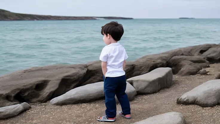 A perfect little girl wearing low-rise pants by the sea，with his back to the viewer，Reveals a thin waist