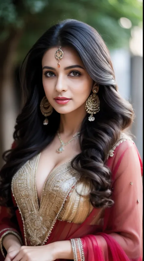 Portrait of A confident-looking Indian woman with long flowing hair, hazel eyes, with flowing capes, c-cup breast, sitting in the park, wearing silk saree, with perfect composition, hyperrealistic, super detailed, 8k, high quality, trending art, trending o...