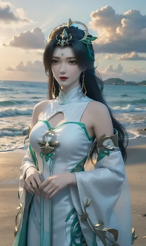 photorealistic，a woman in a white dress standing on a beach next to the ocean, anime goddess, queen of the sea mu yanling, white...