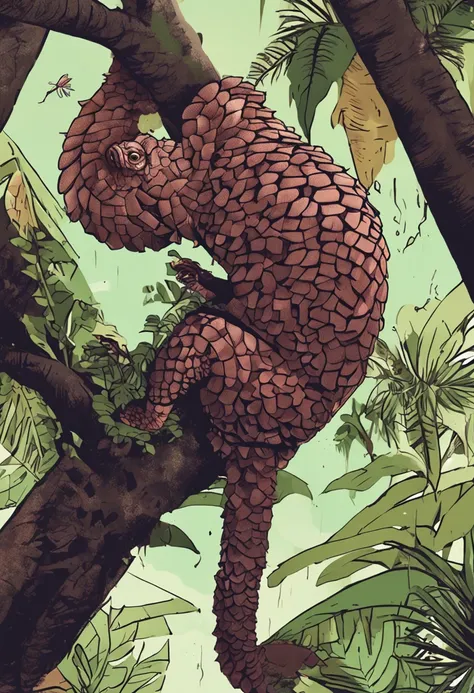 the rainforest，An pangolin hangs upside down from a branch，Tear up banknotes in hand