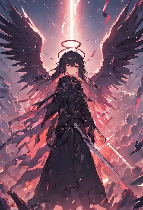 Realistic, 4K, Angels with big wings, Black clothes, one sword, Head hood in war background image (chaos)