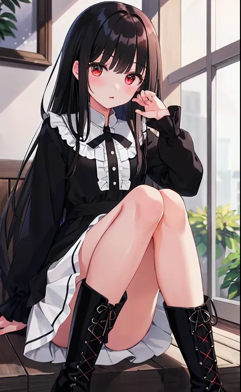 (best quality,high resolution,Beautiful detailed eyes,White lighting:1.2),red eyes, looking at viewer, long hair, black hair, long boots, black footwear, blush, sitting, long sleeves, bangs, parted lips, black hair, dress, knees up, brown hair, white skirt...