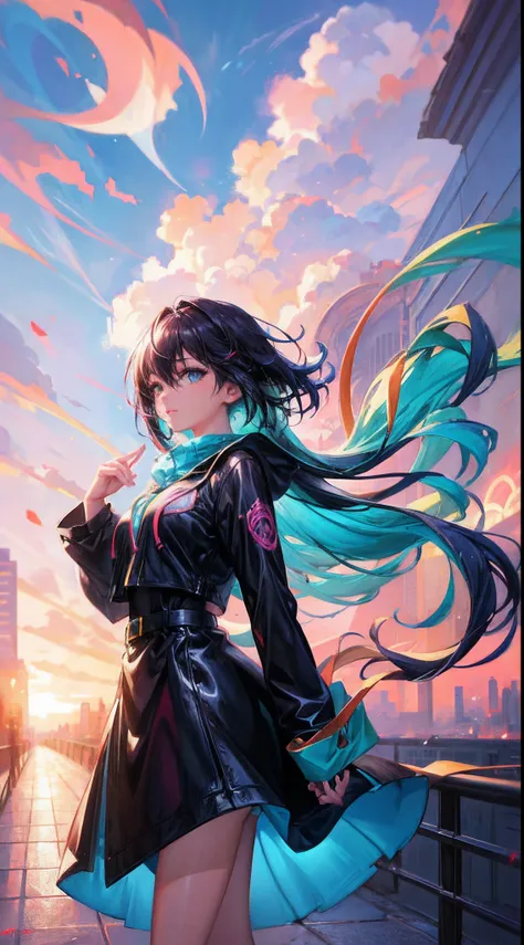 Anime girl standing in big city looking at rainbow sky,Near Future City、 makoto shinkai cyril rolando, anime art wallpaper 4k, anime art wallpaper 4k, Anime art wallpaper 8k, inspired by Cyril Rolando, in the style dan mumford artwork, amazing wallpapers, ...