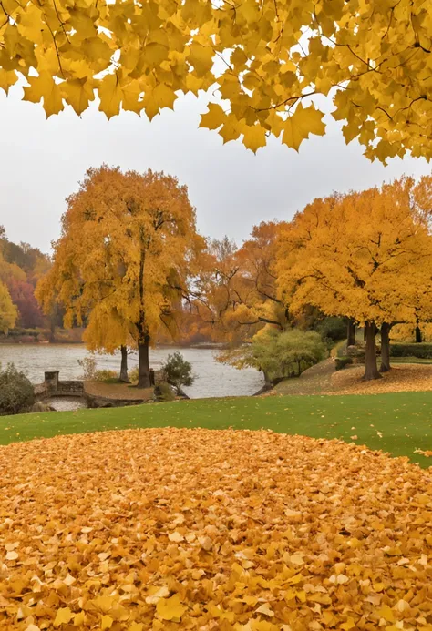 Official aesthetics，art of photography，An autumn scene，The picture should have the sky and the lawn，There are falling ginkgo leaves in the sky，Golden ginkgo biloba，falling leaf，There is a wooden coffee table in the center，Canon 5D，f2.8,70mm