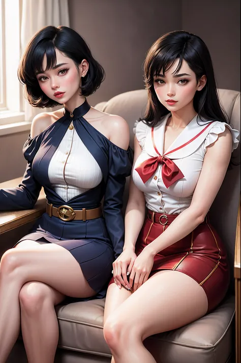 Sailor Mercury and Sailor Mars gracefully sitting on a couch with her hands in her lap while wearing a chic bow blouse and sophisticated pencil skirt with radiant smiles, impeccable makeup, red lipstick, and chic haircuts adorned with bangs, captured in a ...