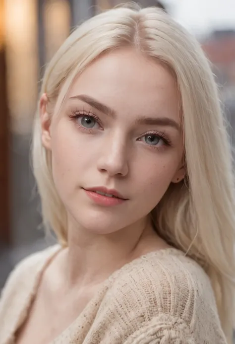 Close-up shot, 55mm canon lens, volumetric lighting, Fujifilm XT3 lens, upper body portrait, 2m away,picture taken infront, sitting at a cafe a young teenager from Northern Europe, 18 years old, big breasts , naked, under a sweater, happy, cute face, albin...